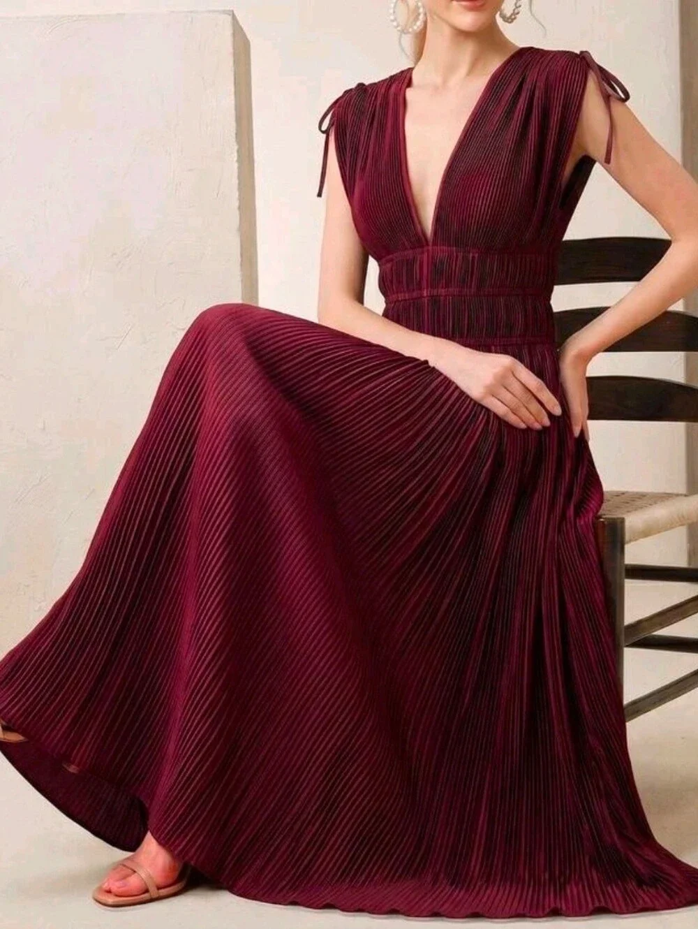 New Luxe Tie Shoulder Pleated Maxi Dress Sleeveless Burgundy Red